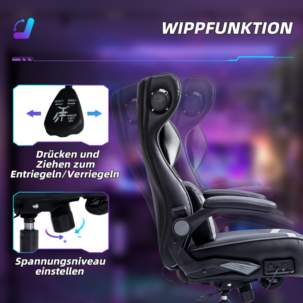 Gamingstuhl mit Lautsprecher & Wippfunktion bis 120kg Schwarz & Grau – Produktfoto zeigt modernes Design, hochwertige Materialien und funktionale Eigenschaften ideal für Wohn- oder Arbeitsbereiche. Perfekt als Einrichtungsinspiration oder zur Produktpräsentation in einem Onlineshop.