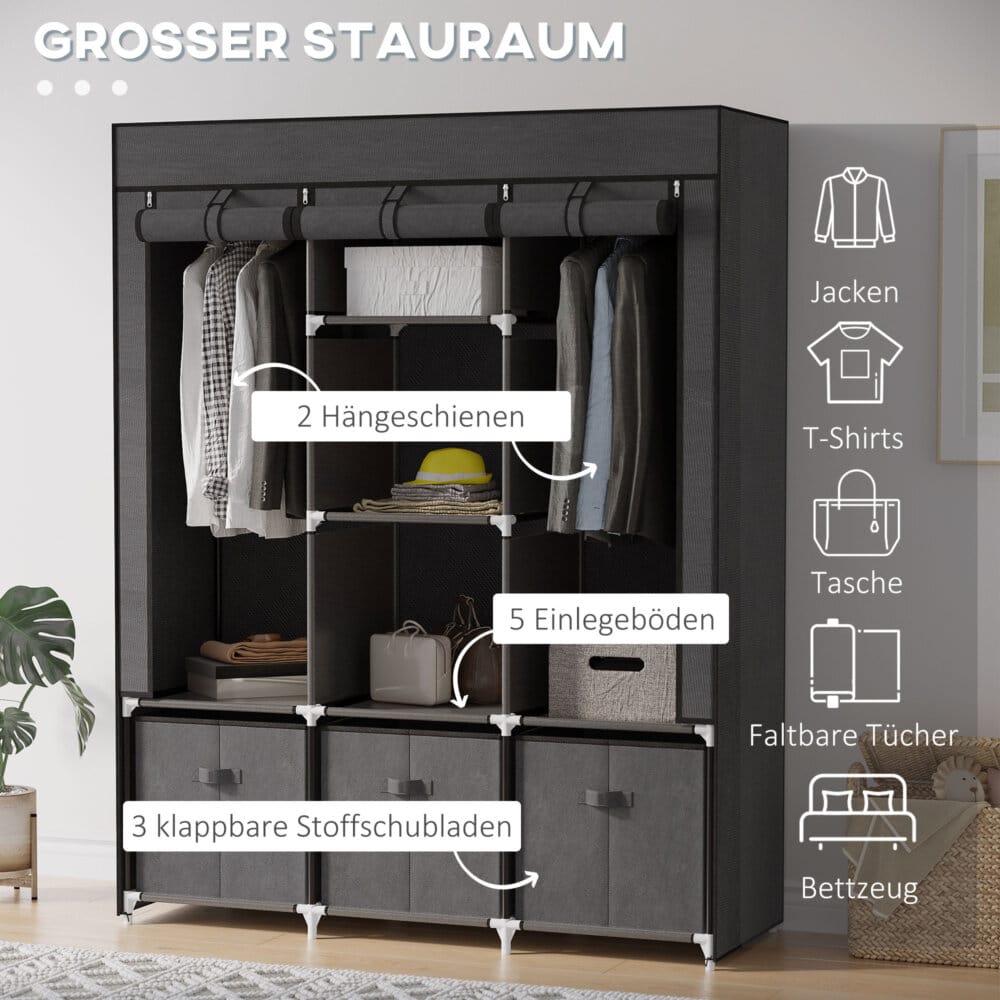 Eine dunkelgraue, faltbare Garderobe mit Reissverschluss, kompakt.