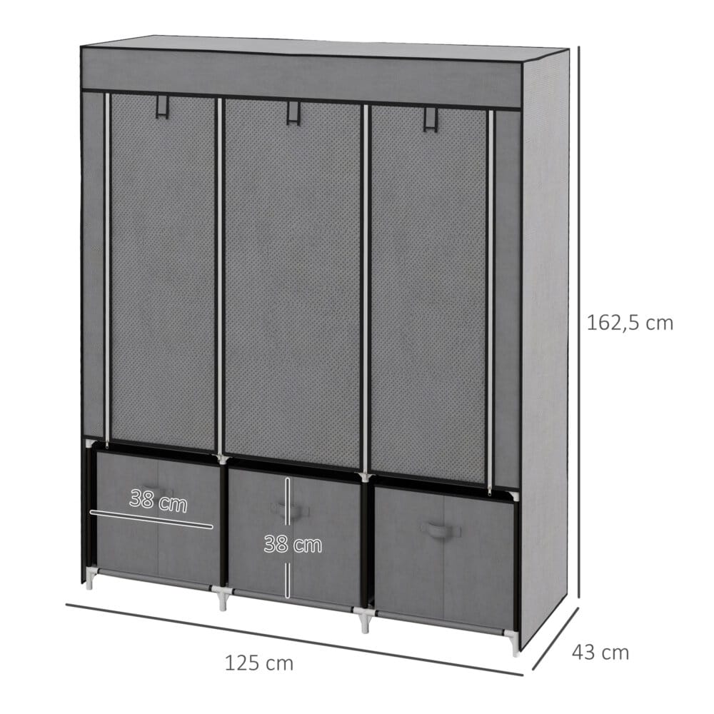 Eine dunkelgraue, faltbare Garderobe mit Reissverschluss, kompakt.