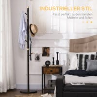 Ein Garderobenständer aus Metall in Walnuss-Optik mit 6 Haken.