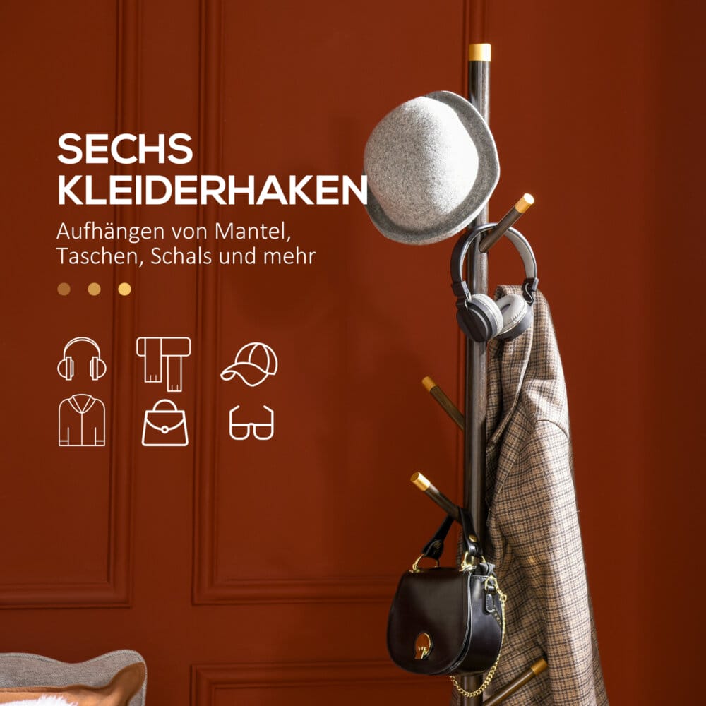 Ein Garderobenständer aus Metall in Walnuss-Optik mit 6 Haken.