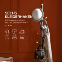 Ein Garderobenständer aus Metall in Walnuss-Optik mit 6 Haken.