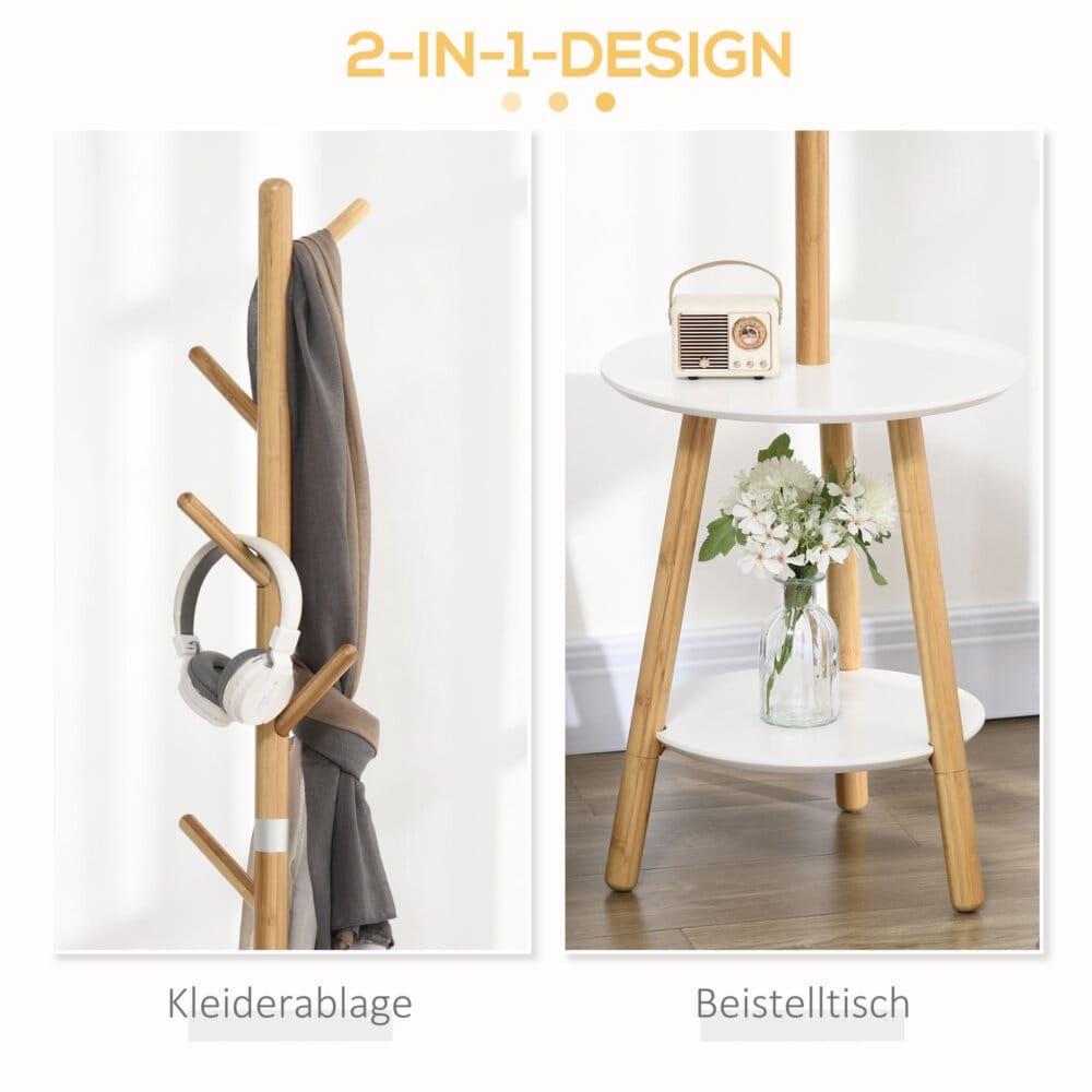 Ein Garderobenständer in Natur-Weiss mit integriertem Beistelltisch und Kleiderhaken.
