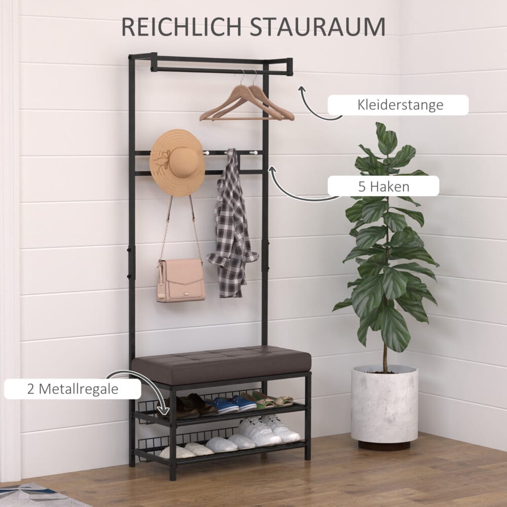 Ein Garderobenständer und Flurmöbel-Set mit integrierter Bank und Regal, Maße 725x35x180cm.