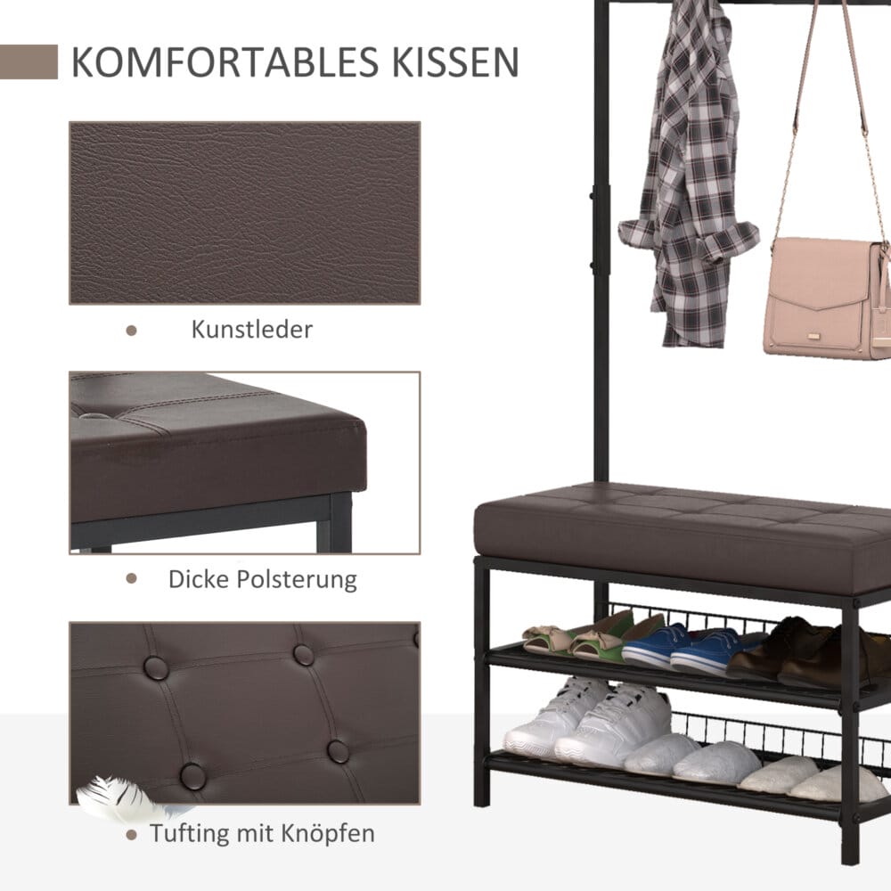 Ein Garderobenständer und Flurmöbel-Set mit integrierter Bank und Regal, Maße 725x35x180cm.