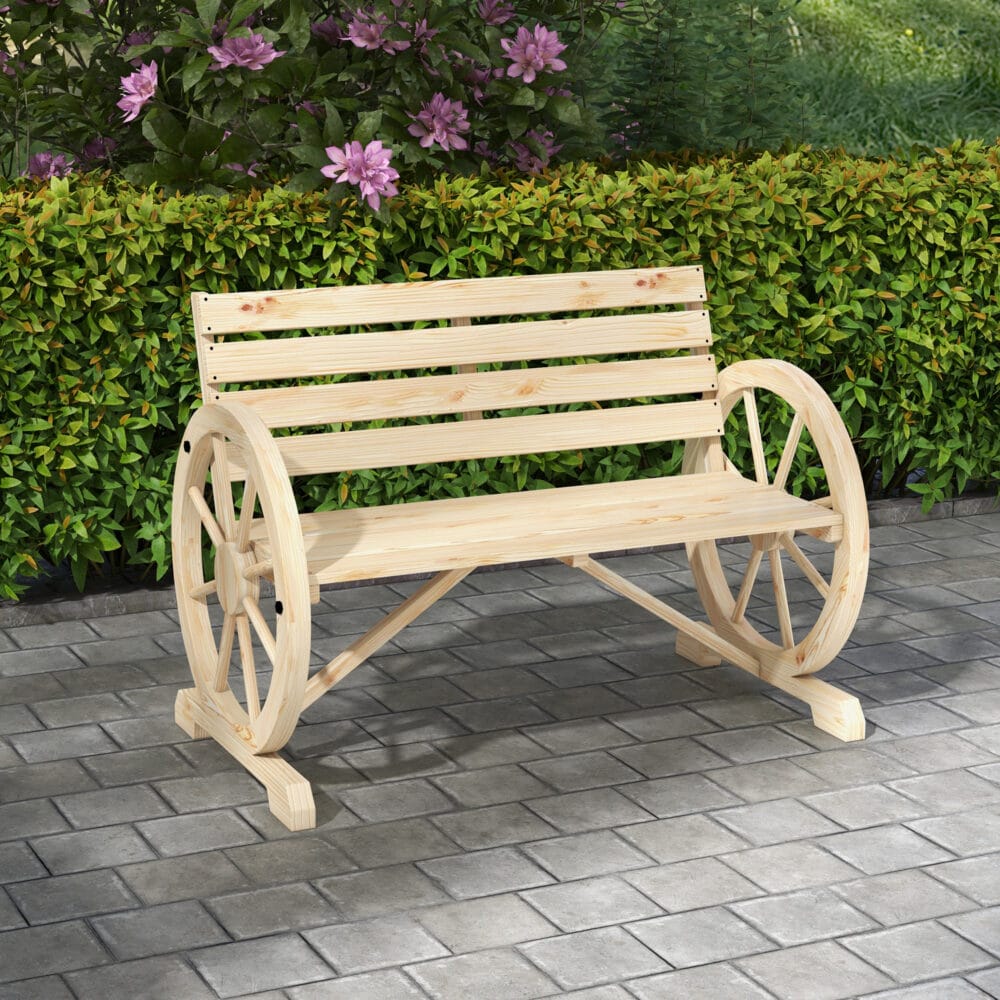 Naturfarbene 2-Sitzer Gartenbank im Landhausstil, belastbar bis 240kg.