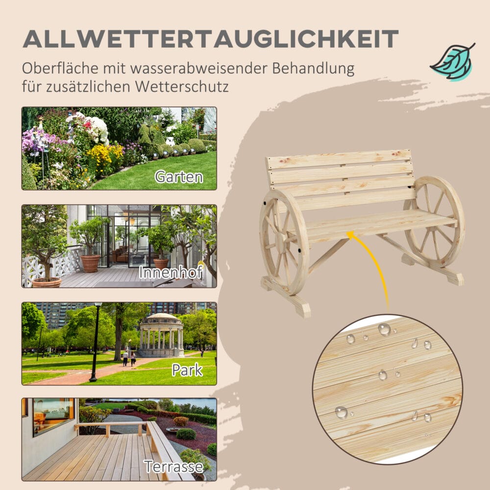 Naturfarbene 2-Sitzer Gartenbank im Landhausstil, belastbar bis 240kg.
