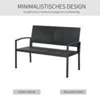 Schwarze 2-Sitzer Gartenbank aus Polyrattan, Maße 122x60x87cm.