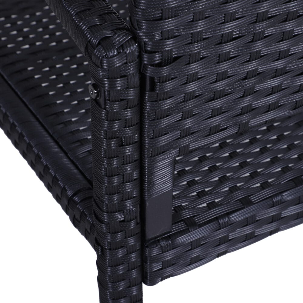 Schwarze 2-Sitzer Gartenbank aus Polyrattan, Maße 122x60x87cm.