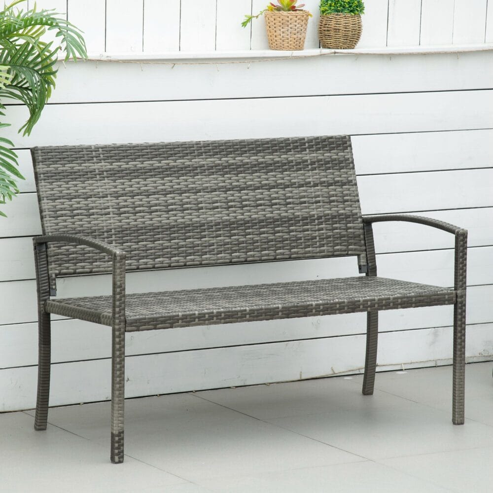 Graue Gartenbank in Rattanoptik, belastbar bis 320kg, ideal für den Balkon.