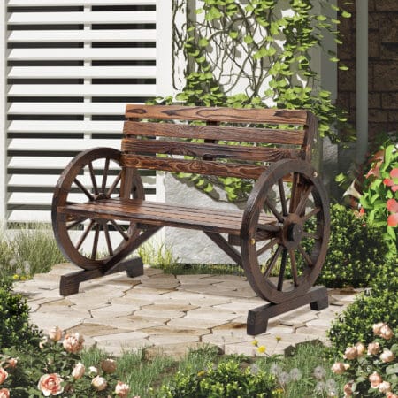 Braune 2-Sitzer Gartenbank aus Tannenholz im Landhausstil.
