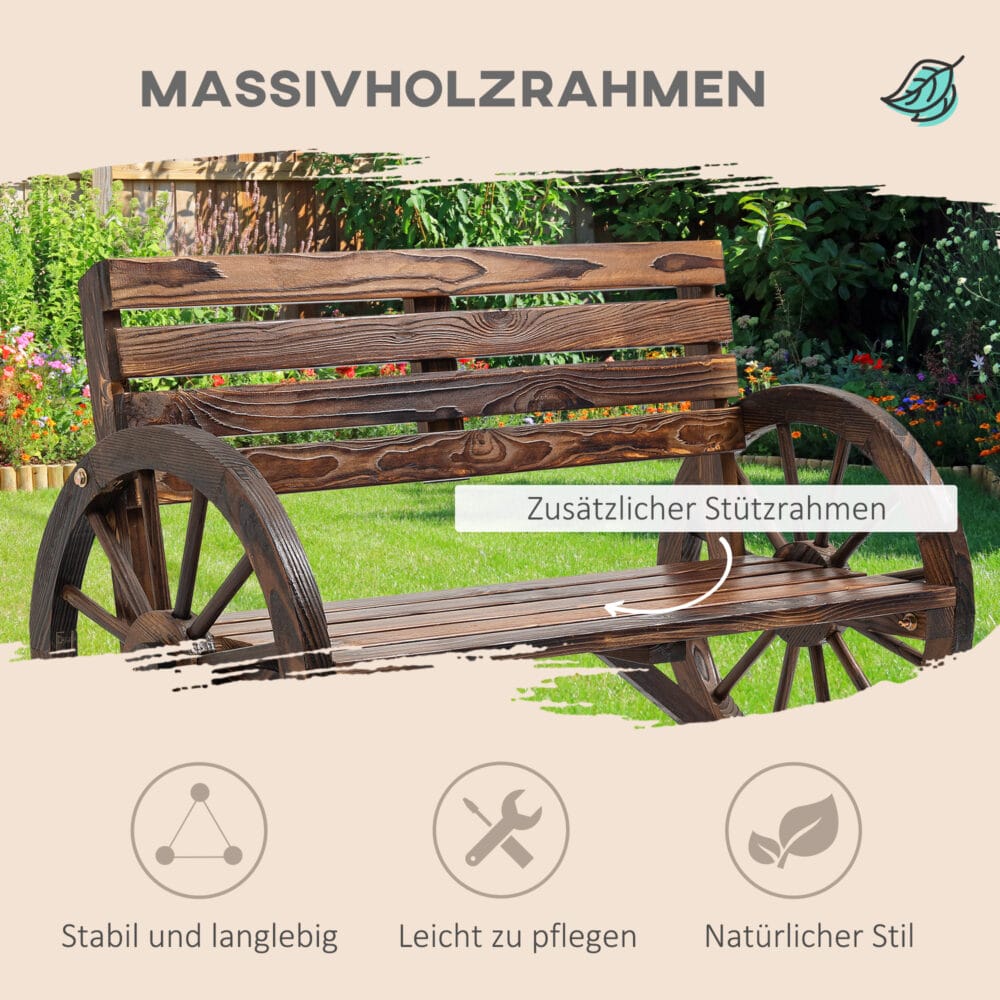 Braune 2-Sitzer Gartenbank aus Tannenholz im Landhausstil.