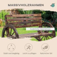 Braune 2-Sitzer Gartenbank aus Tannenholz im Landhausstil.