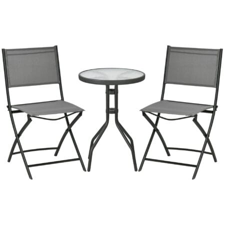 Modernes und platzsparendes, klappbares Garten-Bistroset aus Stahl in Grau.