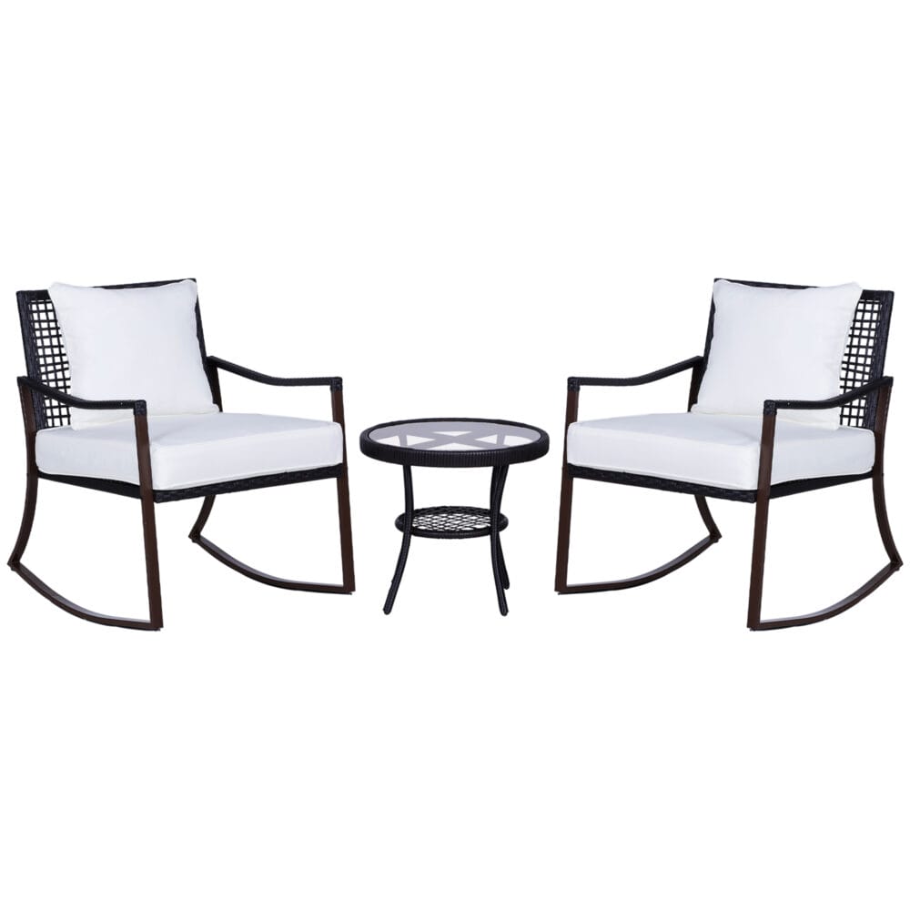 Gartenmöbel-Set für zwei Personen mit Schaukelstühlen.