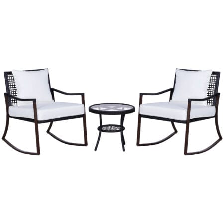Gartenmöbel-Set für zwei Personen mit Schaukelstühlen.