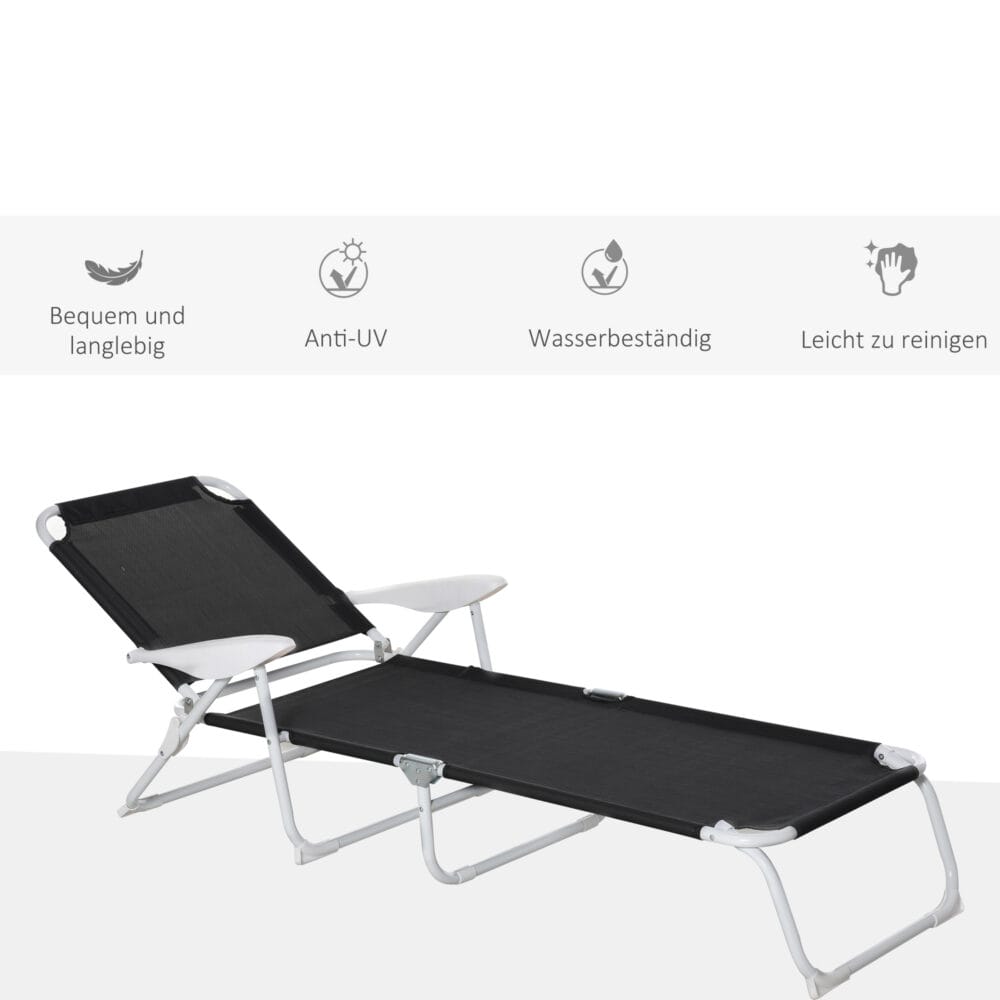 Klappbare Gartenliege mit atmungsaktivem Netzstoff und 4-stufiger Verstellung.