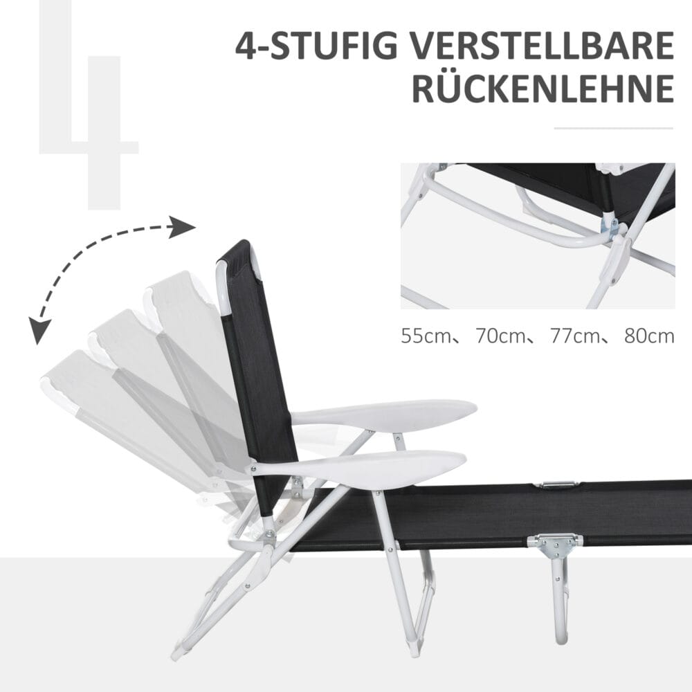 Klappbare Gartenliege mit atmungsaktivem Netzstoff und 4-stufiger Verstellung.