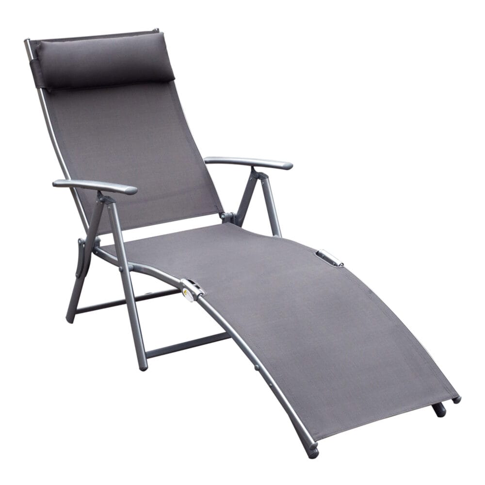 Graue, klappbare Gartenliege mit Kissen, Maße 137x635x1005cm.