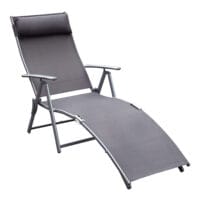 Graue, klappbare Gartenliege mit Kissen, Maße 137x635x1005cm.