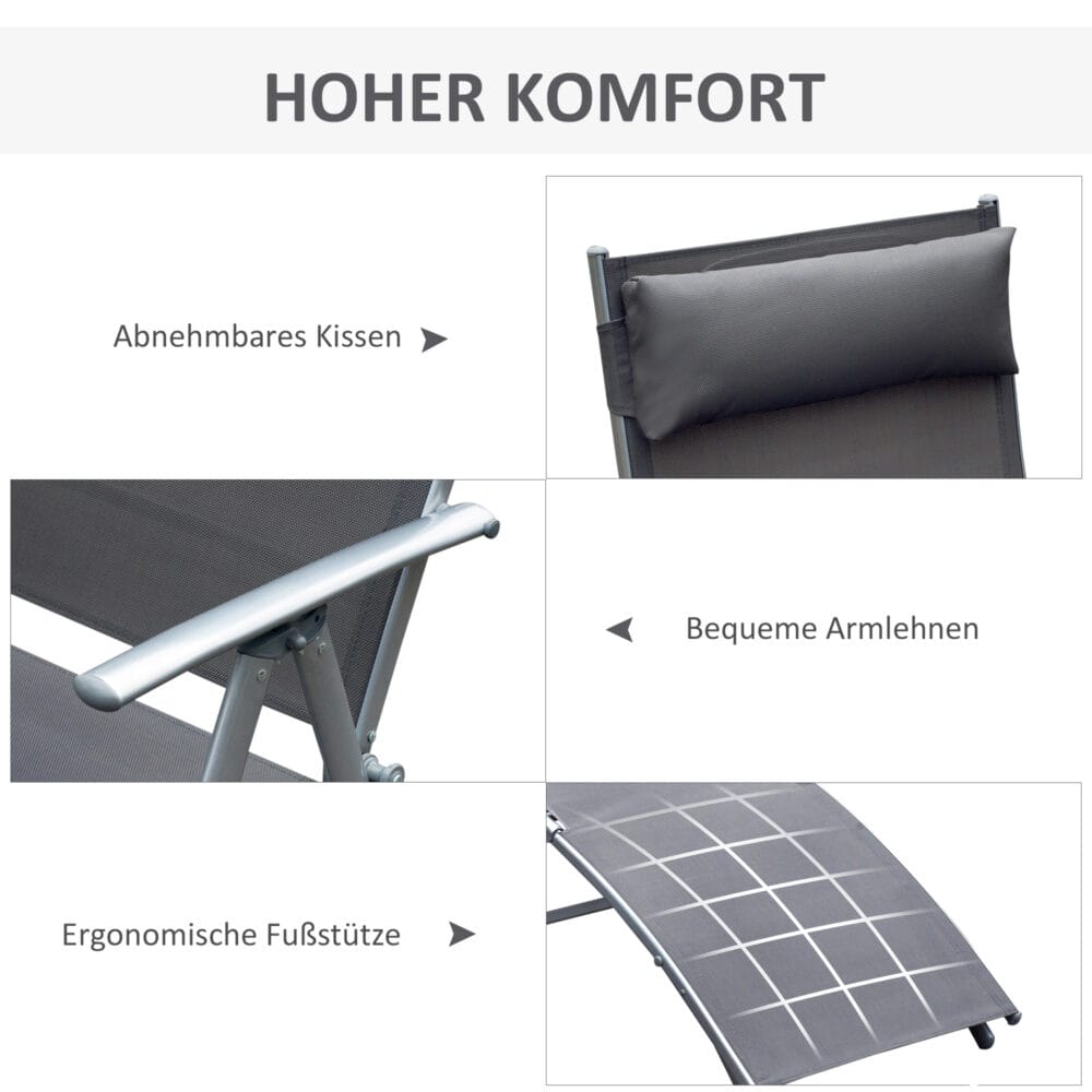 Graue, klappbare Gartenliege mit Kissen, Maße 137x635x1005cm.