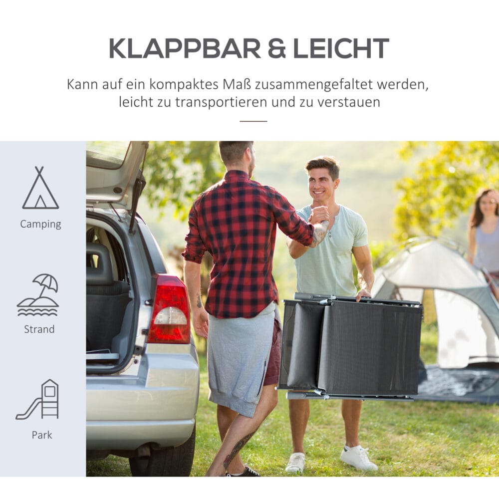 Graue, klappbare Gartenliege mit Kissen, Maße 137x635x1005cm.