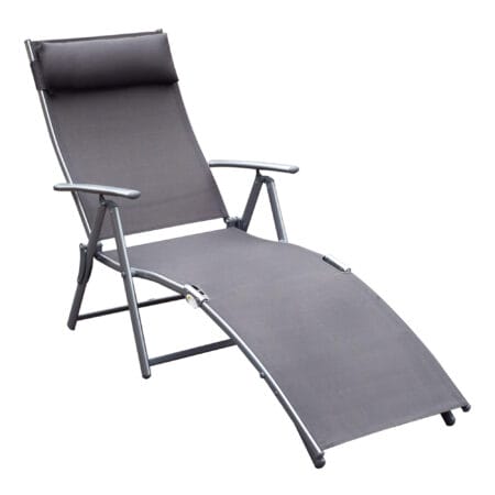 Graue, klappbare Gartenliege mit Kissen, Maße 137x635x1005cm.