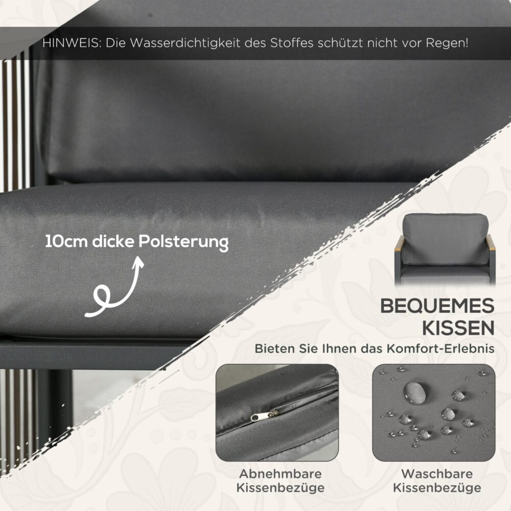 Dreiteiliges graues Gartenmöbel-Set mit Couchtisch und Kissen.