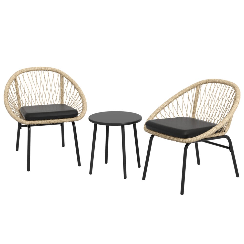Wetterfestes, dreiteiliges Rattan-Gartenmöbel-Set in Gelb.
