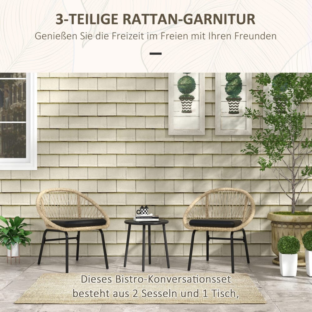 Wetterfestes, dreiteiliges Rattan-Gartenmöbel-Set in Gelb.