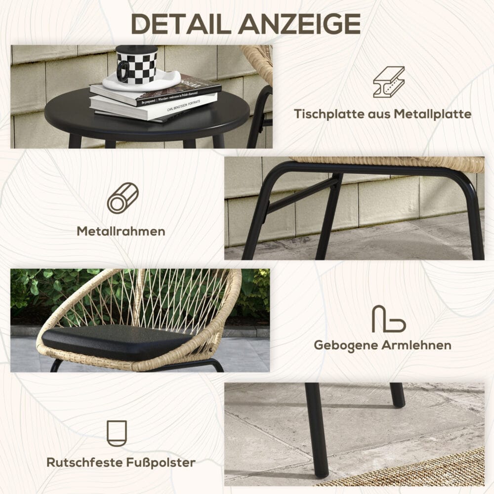 Wetterfestes, dreiteiliges Rattan-Gartenmöbel-Set in Gelb.