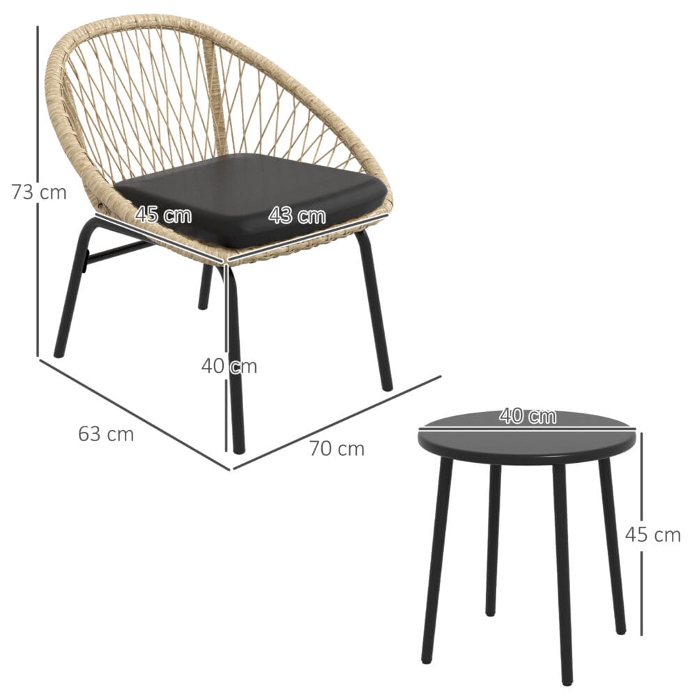 Wetterfestes, dreiteiliges Rattan-Gartenmöbel-Set in Gelb.