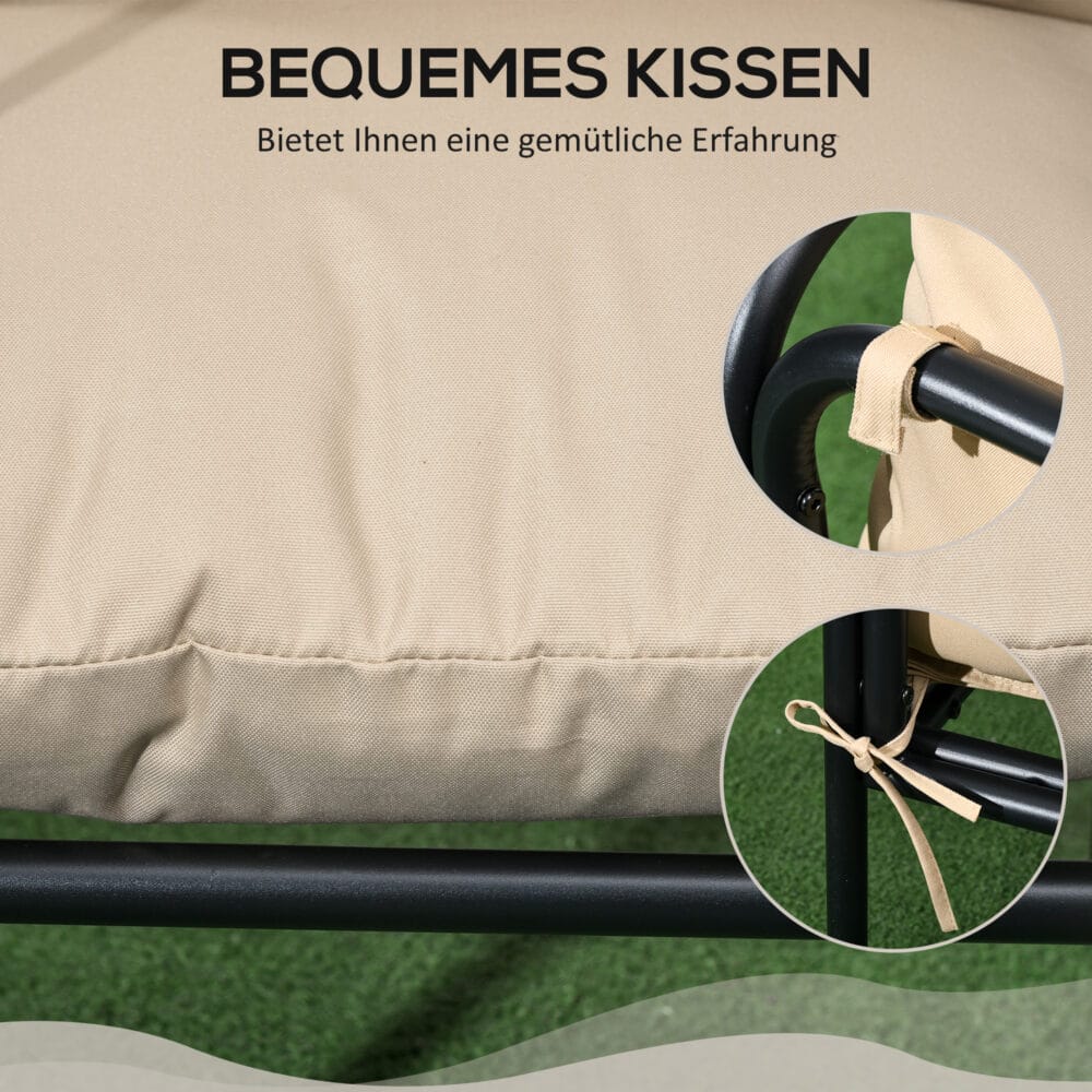 Dreiteiliges Gartenmöbel-Bistro-Set mit beigen Sitzkissen.
