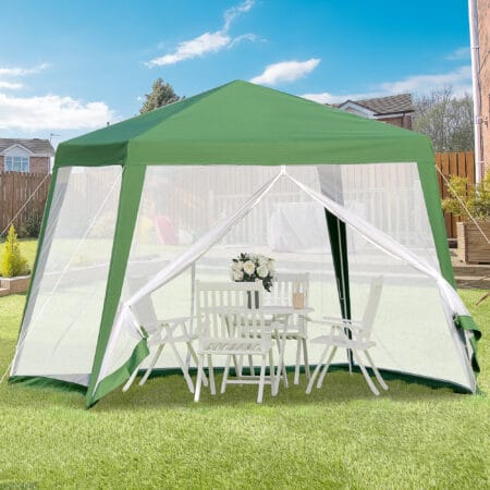 Wetterfester Gartenpavillon 3x3m mit Moskitonetz in Grün.
