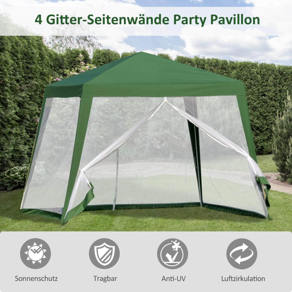 Wetterfester Gartenpavillon 3x3m mit Moskitonetz in Grün.