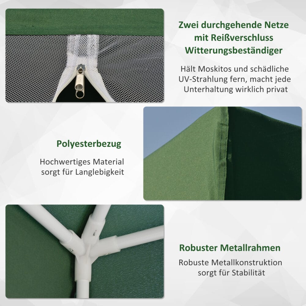 Wetterfester Gartenpavillon 3x3m mit Moskitonetz in Grün.