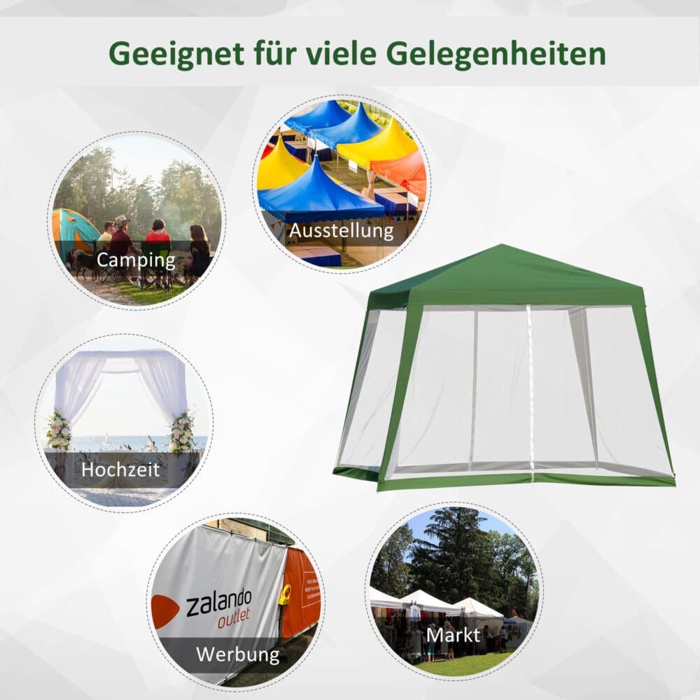 Wetterfester Gartenpavillon 3x3m mit Moskitonetz in Grün.