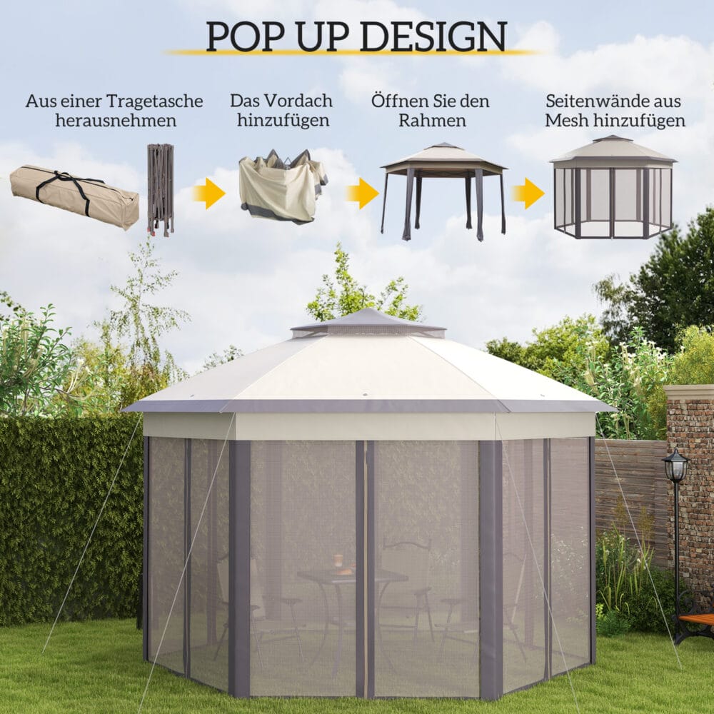 Sechseckiger Gartenpavillon 4x4m mit Tragetasche.