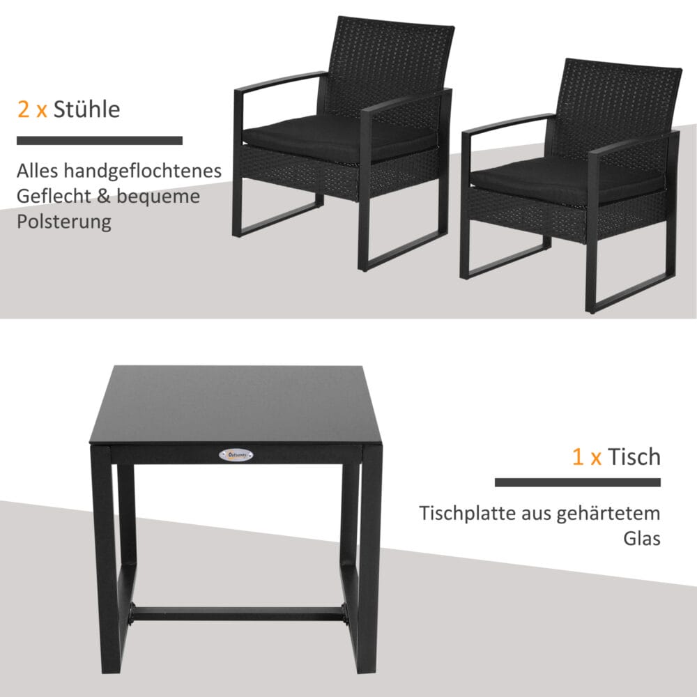 Gartenset für 2 Personen, Polyrattan-Sitzgruppe für Balkon oder Terrasse, Schwarz.