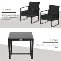 Gartenset für 2 Personen, Polyrattan-Sitzgruppe für Balkon oder Terrasse, Schwarz.