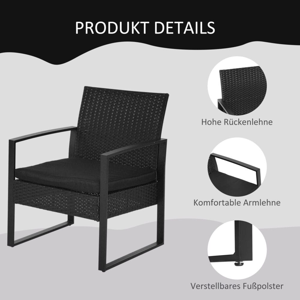 Gartenset für 2 Personen, Polyrattan-Sitzgruppe für Balkon oder Terrasse, Schwarz.