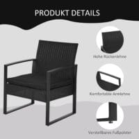 Gartenset für 2 Personen, Polyrattan-Sitzgruppe für Balkon oder Terrasse, Schwarz.