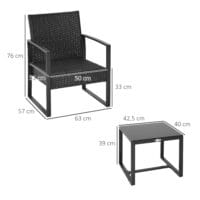Gartenset für 2 Personen, Polyrattan-Sitzgruppe für Balkon oder Terrasse, Schwarz.