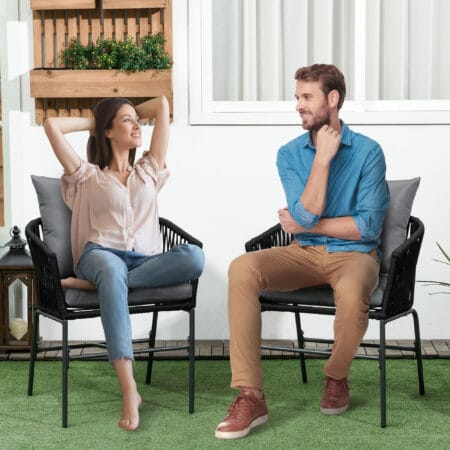 Gartenstühle im Boho-Stil, 2er-Set, bis 120 kg belastbar, Farbe Schwarz.