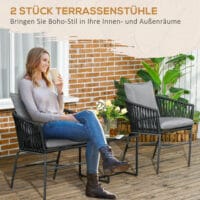 Gartenstühle im Boho-Stil, 2er-Set, bis 120 kg belastbar, Farbe Schwarz.