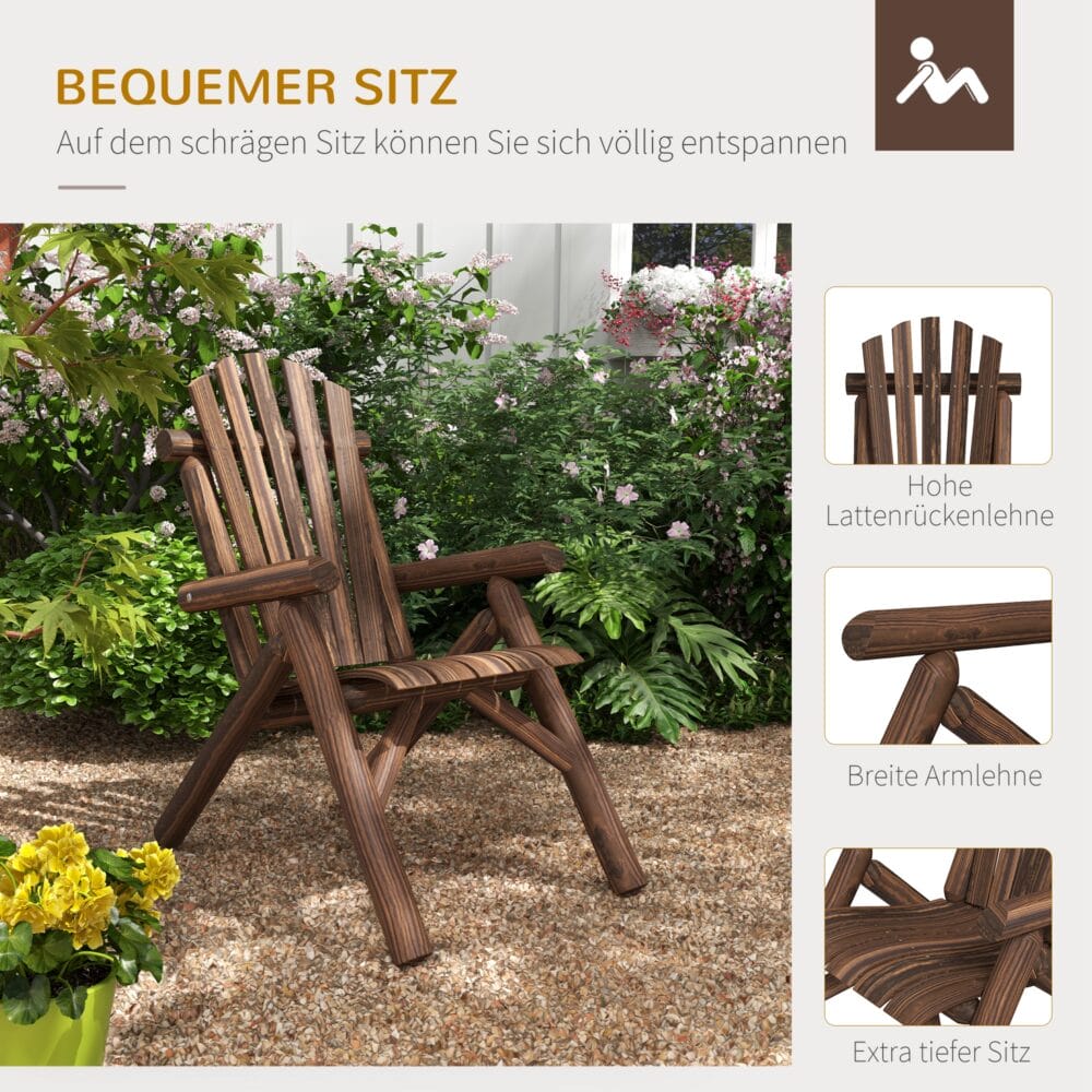 Gartenstuhl aus Holz im Adirondack-Stil, 83x68x101 cm, Farbe Braun.