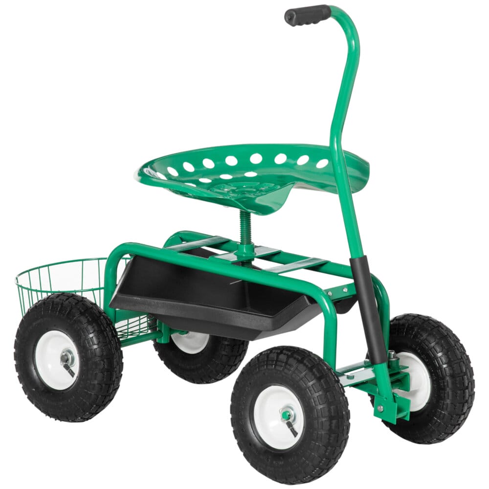 Ein grüner Gartenwagen mit Drehsitz und Ablagekorb.