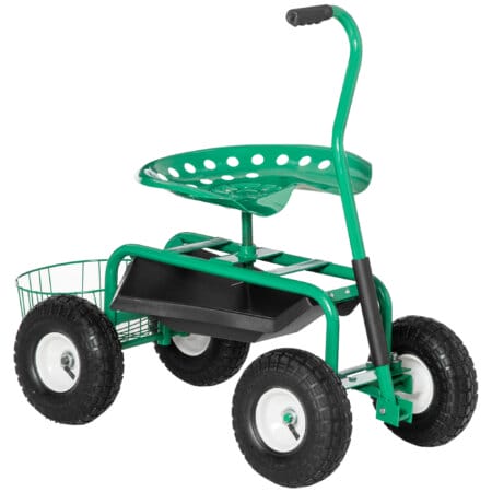 Ein grüner Gartenwagen mit Drehsitz und Ablagekorb.