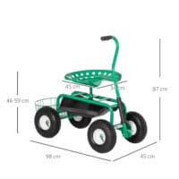 Ein grüner Gartenwagen mit Drehsitz und Ablagekorb.