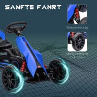 Blaues Gokart als Kinderfahrzeug mit verstellbarem Sitz und Handbremse, geeignet für Kinder von 3-8 Jahren. Fördert sportliche Aktivität und Kontrolle.